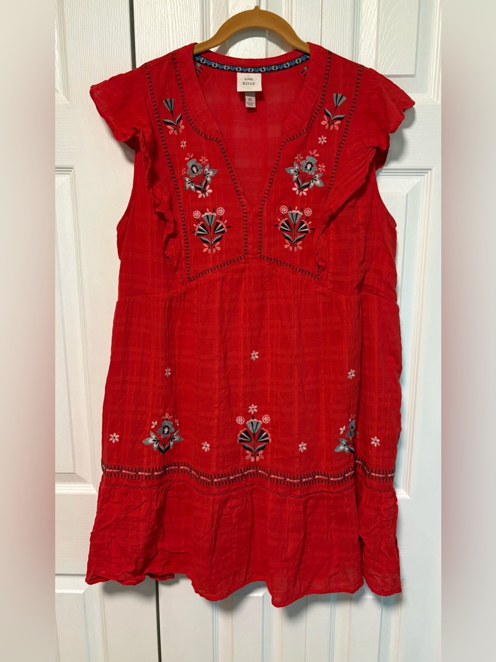 NWOT Knox Rose 100% Cotton Red Embroidered V-Neck Boho Dress